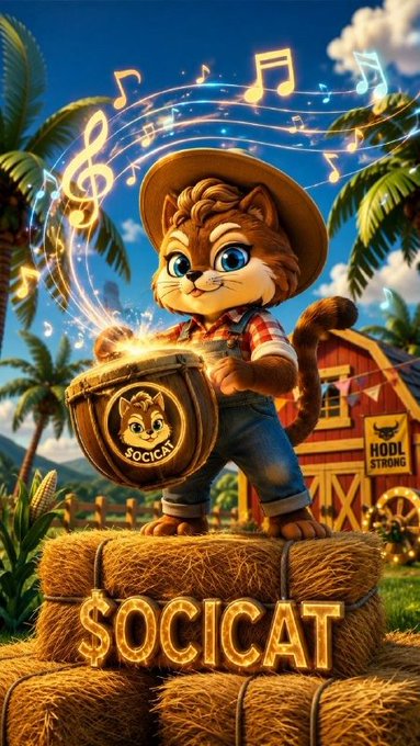 A cartoon illustration of a cat wearing a straw hat and overalls standing on hay bales labeled '$OCICAT', playing a glowing drum with musical notes swirling above, in a farm setting with a 'HOOL STRONG' barn.