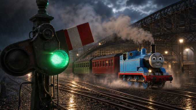 Thomas the Tank Engine with green and red passenger cars travels along wet tracks under a dark, rainy sky, with a green-lit signal lantern in the foreground.