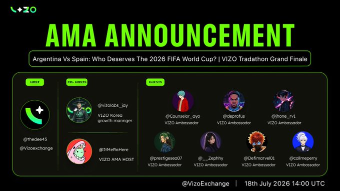 An 'AMA ANNOUNCEMENT' graphic for VIZO dated '18th July 2026 14:00 UTC', titled 'Argentina Vs Spain: Who Deserves The 2026 FIFA World Cup? | VIZO Tradathon Grand Finale', listing hosts @thedee45, @Vizoexchange, co-hosts @vizolabs_jay, @1MeRohere, and multiple VIZO Ambassador guests.