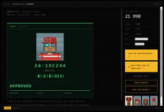 A dark-themed website displaying a pixel art character on a card labeled 'ZA-1ACE26' with 'APPROVED' status and a price of '21,998'.