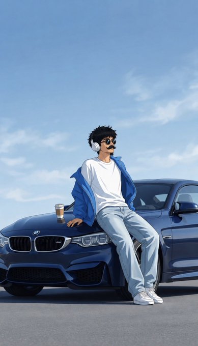 A digital illustration of a young man wearing headphones, sunglasses, a white shirt, and a blue jacket, leaning casually against a dark blue BMW car with a coffee cup in hand.