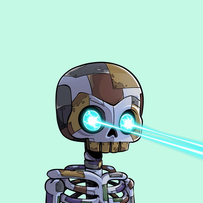 The image features a cartoon-style robot with blue lights coming out of its eyes, giving it an eerie appearance. The robot has a skeleton-like body and arms, which are attached to a head that also has blue lights emanating from its eyes. The background is a light green color, providing a stark contrast to the robot's dark features. The image includes text that reads "new 3Trait Gorgez", possibly indicating the artist or creator of this unique piece of art.