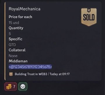 A Discord-style listing showing a sold item from RoyalMechanica at 15 usd, with a middleman reference and posted in "Building Trust in WEB3" today at 09:17.