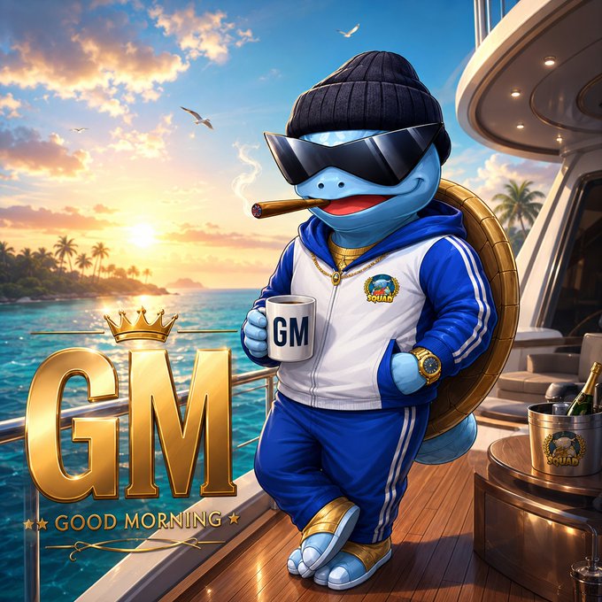A digital illustration of an anthropomorphic blue turtle dressed in a blue and white tracksuit, wearing sunglasses and a beanie, smoking a cigar and holding a mug labeled 'GM'. Text reads 'GM' and 'GOOD MORNING' over a sunset yacht scene.