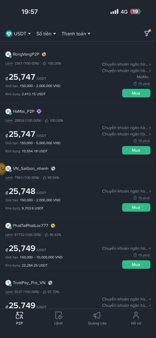 A mobile app screenshot in Vietnamese displays P2P cryptocurrency exchange listings for USDT, showing sellers like 'RongVangP2P' offering rates around 25,747 VND.