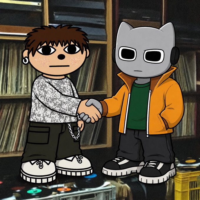 Two cartoon characters—one with a brown-haired human design in a patterned sweater, the other a gray robotic figure in an orange hoodie—shake hands in front of a vinyl record collection, visually symbolizing the collaboration partnership announced with @xmartsol for the Initiates community collabs.