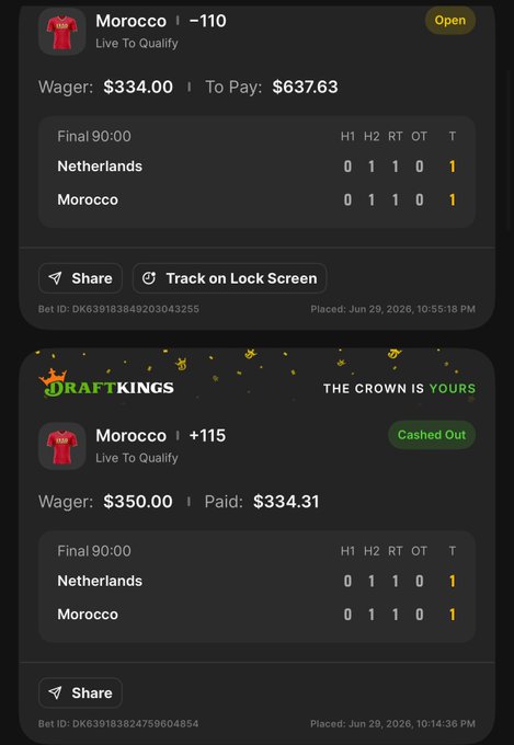 DraftKings sports betting screenshots showing two bets on Morocco vs Netherlands match - one open wager of $334.00 to pay $637.63, and one cashed out wager of $350.00 paid $334.31.
