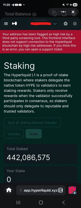 The screenshot displays a warning banner stating the user's address has been flagged as high risk by a third-party screening tool, blocking access to the Hyperliquid L1 staking interface despite a total staked balance of 442,086,575 HYPE. This visually confirms the post's complaint about $60k being effectively frozen on Hyperliquid, unable to be withdrawn or staked due to an automated risk flag triggered by receiving funds from HTX Global.