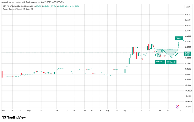 A TradingView 4-hour candlestick chart for USELESS/USDT on Binance, showing price action forming a 'Double Bottom' pattern with targets marked at $0.3483 and $0.2483, currently priced at $0.2483 (+4.81%).
