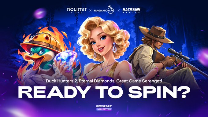 A promotional graphic for slot games featuring animated characters and text for 'nolimit city x PRAGMATIC PLAY x HACKSAW' and 'READY TO SPIN?', listing games 'Duck Hunters 2, Eternal Diamonds, Great Game Serengeti'.
