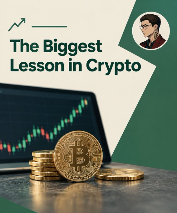 A YouTube thumbnail titled 'The Biggest Lesson in Crypto' featuring gold Bitcoin coins stacked in front of a laptop displaying a rising candlestick chart, with a circular avatar of a man with glasses.