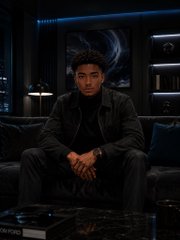 A young man with dark curly hair wearing a dark jacket sits on a leather couch in a dimly lit, modern room with bookshelves and blue ambient lighting.