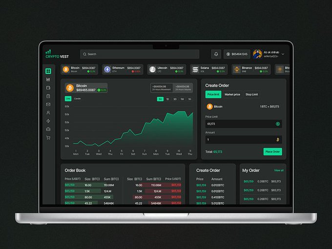 A laptop screen displays a 'CRYPTO VEST' trading dashboard interface showing Bitcoin price charts, order books, and a 'Create Order' panel for BTC trades.
