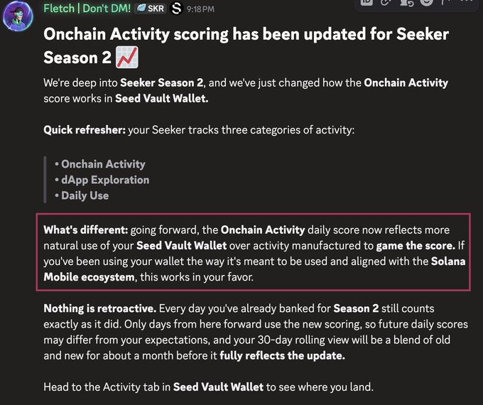 A Discord message from "Fletch | Don't DM!" in the SKR channel announces that Seeker Season 2's Onchain Activity scoring in Seed Vault Wallet has been updated to prioritize natural wallet use over gaming activity, with the change being non-retroactive and only affecting future daily scores.