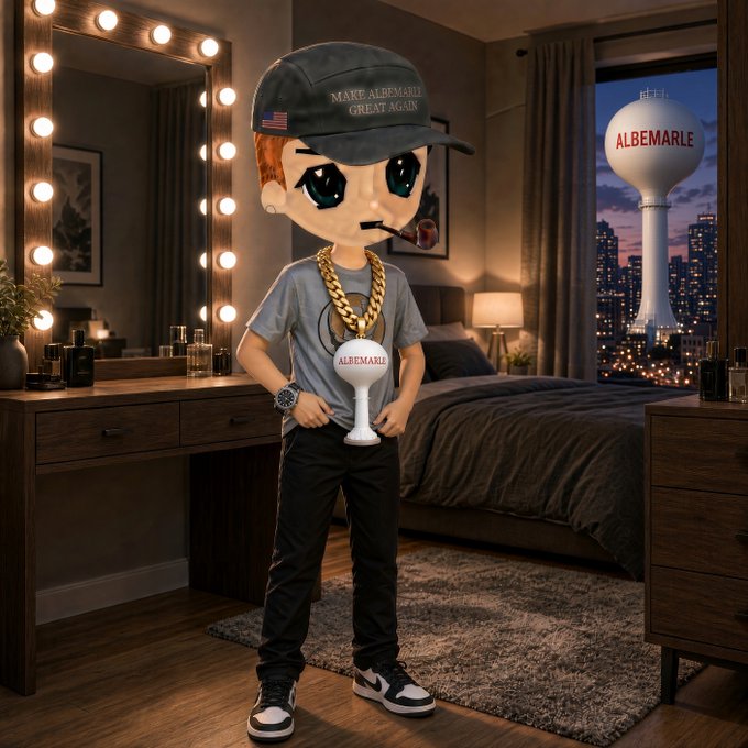 A Funko Pop-style figurine wearing a 'Make Albemarle Great Again' cap, gold chain, and holding a white 'ALBEMARLE' object, with a matching water tower visible through the window.