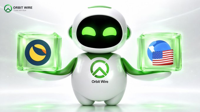 A friendly white and green robot mascot for Orbit Wire holds two glowing green cubes featuring the logos of LUNC ($LUNC) and USTC ($USTC), symbolizing a choice between the two Terra Classic tokens. The image visually promotes trading these tokens through Orbit Wire's aggregated DEX platform with smart routing for optimal execution.