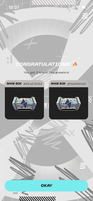 A mobile app screen displays 'CONGRATULATIONS! 🔥 You got 2 brand new sneakers!' featuring two SHOE BOX items (#664278585 and #842088326) with an 'OKAY' button below.