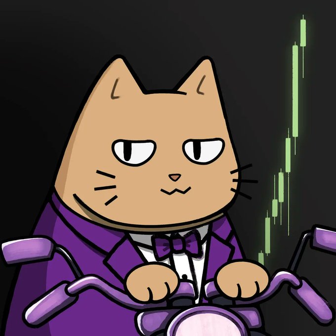 A cartoon orange cat wearing a purple suit and bow tie riding a motorcycle, with a green candle stock chart displayed in the background.