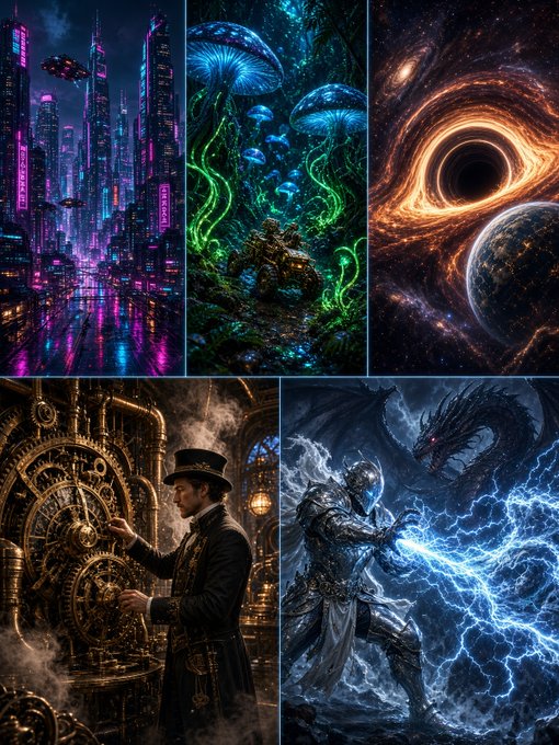 A collage of five fantasy/sci-fi digital art images including a neon cyberpunk city, glowing blue mushrooms with a creature, a black hole, a steampunk figure with gears, and a knight fighting a dragon with lightning.