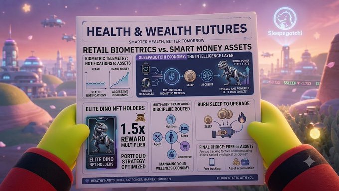 A colorful promotional flyer titled 'HEALTH & WEALTH FUTURES' featuring Sleepagotchi, comparing 'Retail Biometrics vs. Smart Money Assets' with sections on Elite Dino NFT holders, wellness economy frameworks, and burning sleep to upgrade.