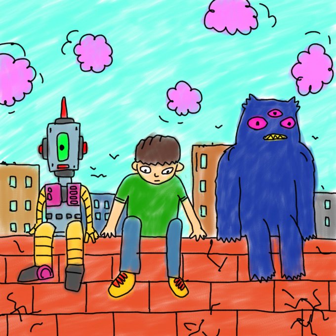 A colorful illustration shows a three-eyed robot, a boy in a green shirt, and a fluffy blue three-eyed monster sitting together on a brick wall beneath a sky filled with pink clouds, evoking a playful kid-friendly scene that fits the "KidStoryHood" giveaway theme of creative children's content.