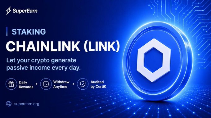 An advertisement for SuperEarn promoting Chainlink (LINK) staking, featuring the text 'Let your crypto generate passive income every day' with the Chainlink logo.