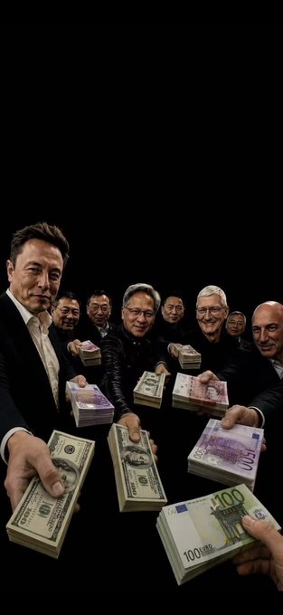 A satirical image showing several prominent tech executives and billionaires, including Elon Musk and Tim Cook, in suits holding out large stacks of various world currencies (US dollars, Euros, and 100 Euro notes) toward the camera against a black background.