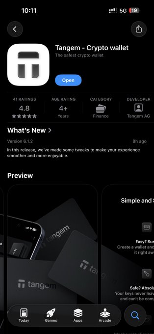 The image shows the App Store page for the Tangem crypto wallet app, displaying its 4.8-star rating, version 6.1.2 release notes, and the "Open" button indicating it's already installed. This screenshot supports the post's appreciation for Tangem's commitment to app maintenance, visually confirming the recent update mentioned in the caption.