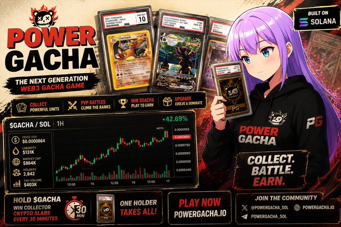 The image features a poster for Powergacha, an anime game that has recently gained popularity among gamers. The poster showcases a girl with purple hair wearing a black hoodie, holding up two cards from the game. These cards are likely game items or achievements. The poster also includes text about the game's next generation web-based Gacha Game and how it is built on the popular online platform solana. The image has been shared across various social media platforms, indicating its growing interest among gamers.