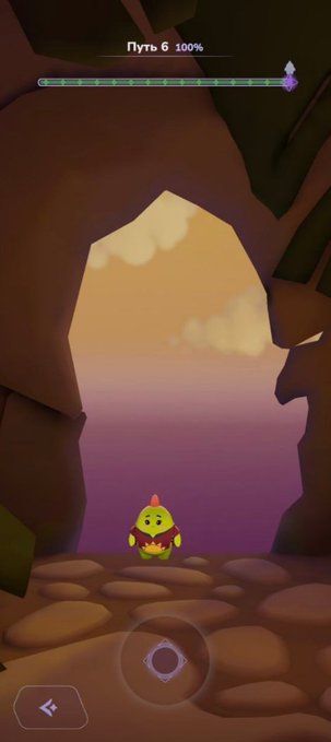 Mobile game screenshot showing a small yellow chick character with a red crest standing in a cave entrance, with Russian text 'Путь 6 100%' at the top.