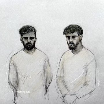 A pencil sketch portrait shows two bearded men, with the text "UK NATIONAL CRIME" partially visible on the left, illustrating the UK National Crime Agency's charging of two Iranian men over an alleged bomb attack plot.