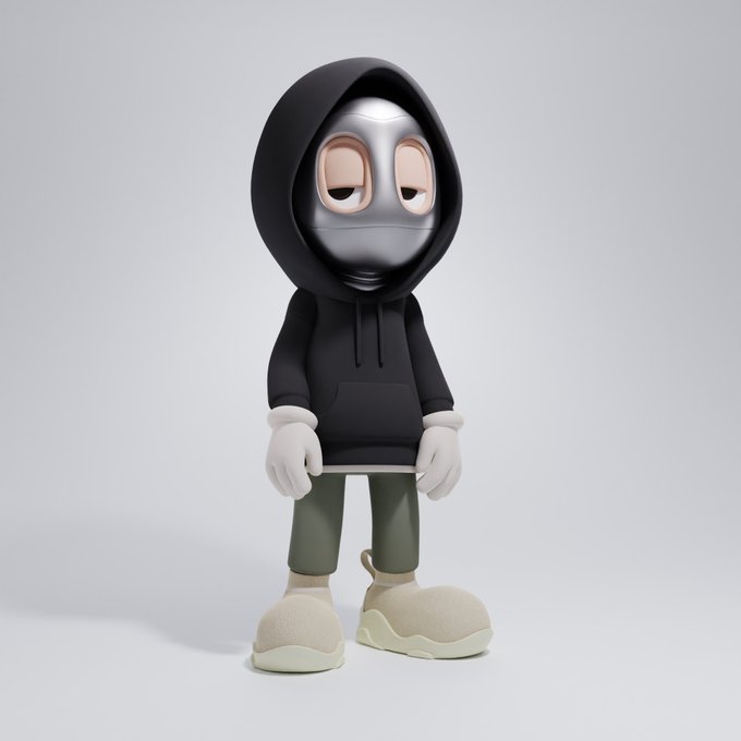 A 3D rendered figure of a character wearing a black hoodie, a silver face mask, white gloves, olive green pants, and chunky cream-colored sneakers, standing against a plain white background.