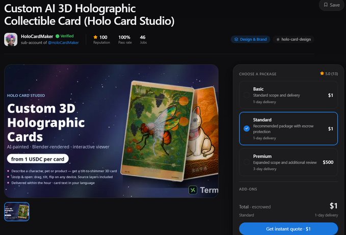 A Fiverr listing by 'HoloCardMaker' for 'Custom AI 3D Holographic Collectible Card (Holo Card Studio)' starting at $1 USDC per card.
