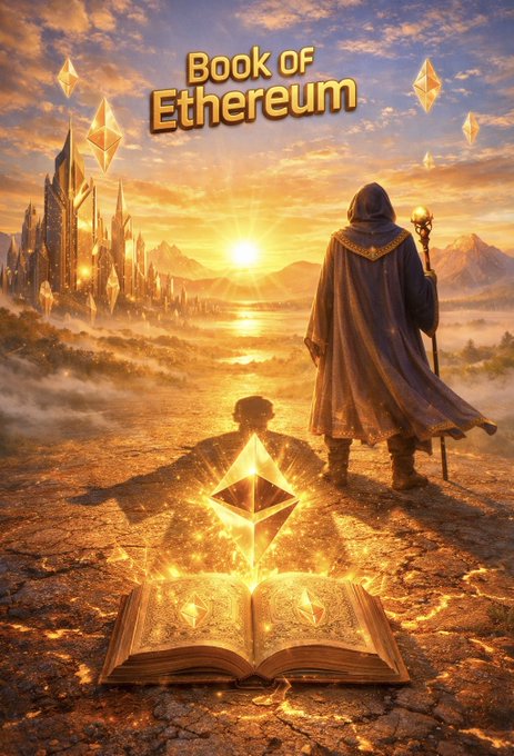 A digital artwork titled "Book of Ethereum" showing a hooded figure with a staff overlooking a city and a glowing Ethereum logo emerging from an open book at sunset.
