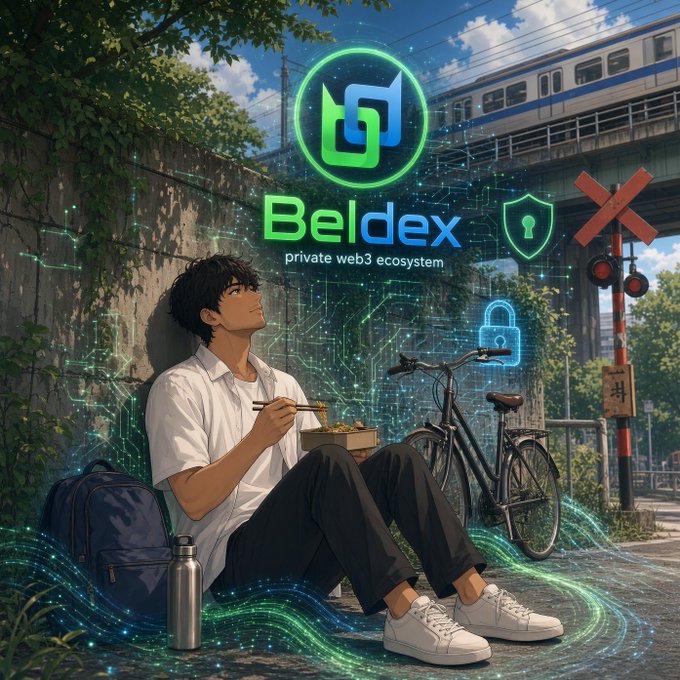 An anime-style illustration of a young man eating a bento box while leaning against a wall near a bicycle and railway, with a glowing 'Beldex private web3 ecosystem' logo and security icons overlaid.