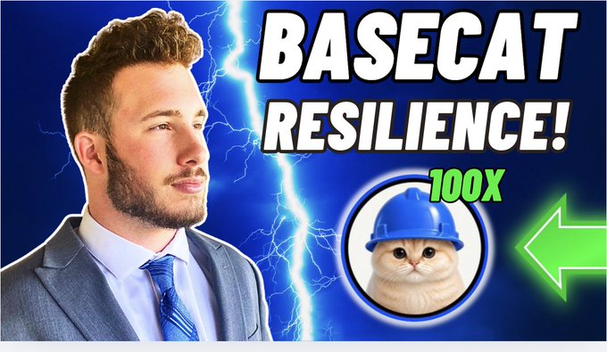 A thumbnail graphic shows a suited man beside a cat in a blue hard hat, with lightning and the bold text “BASECAT RESILIENCE!” and “100X.”