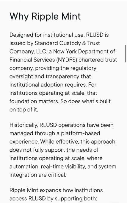 An article titled 'Why Ripple Mint' explaining that RLUSD is issued by Standard Custody & Trust Company, LLC, a NYDFS chartered trust company, designed for institutional use with regulatory oversight.