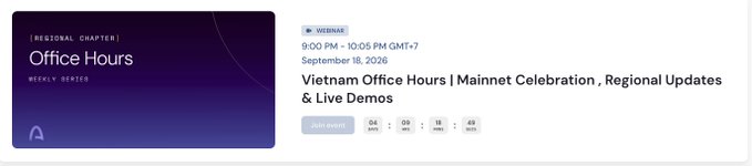 A webpage banner for 'Vietnam Office Hours | Mainnet Celebration, Regional Updates & Live Demos' scheduled for September 18, 2026, from 9:00 PM - 10:05 PM GMT-7.