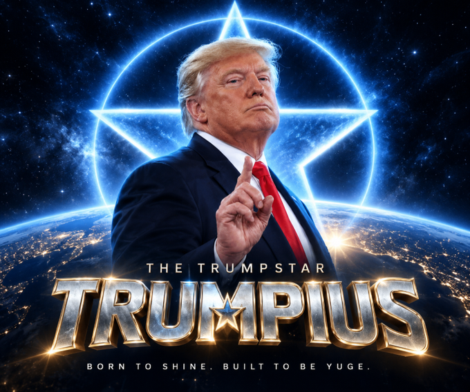 A meme-style image featuring Donald Trump with his finger raised against a starry cosmic background, with stylized text reading 'THE TRUMPSTAR TRUMPIUS' and 'BORN TO SHINE. BUILT TO BE YUGE.'