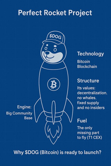 Blue infographic titled 'Perfect Rocket Project' featuring a bear mascot wearing a $DOG cap with Bitcoin logo, explaining that its engine is 'Big Community Base' and fuel is 'TI CEX.'