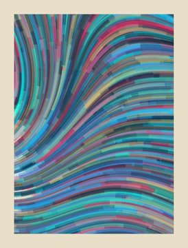 Abstract painting featuring swirling curved stripes in vibrant shades of blue, pink, purple, and black.