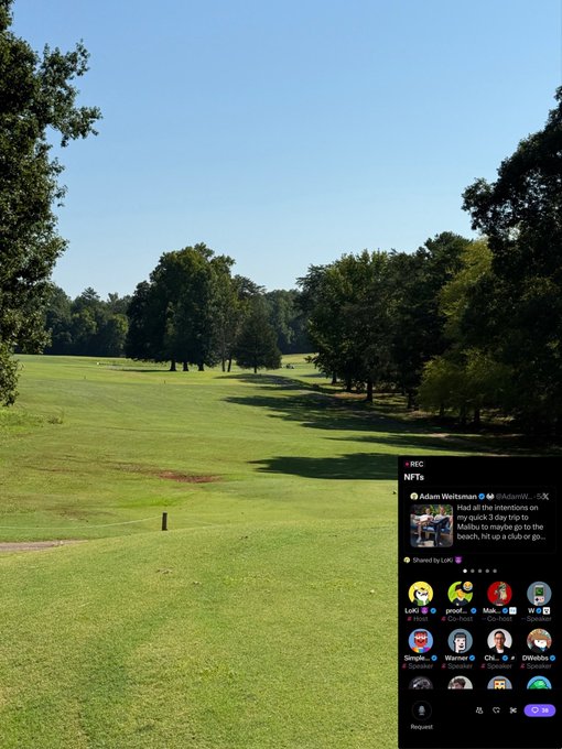 A scenic golf course fairway lined with trees under a clear blue sky, overlaid with an "NFC NFTs" chat panel showing speakers Adam Weitsman (@inktsamvr), Loki (@lokithebird), SpaceBoy, and others discussing a quick 3-day trip to Malibu before heading to the couch for an "NFT space," tying in with the post about enjoying a Sunday on the golf course while listening to an NFT space featuring $STONKBROKER and @OxSimpleFarmer.