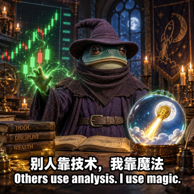 An AI-generated image of a frog dressed as a wizard casting a spell, with a stock chart and a crystal ball containing a Bitcoin rocket. Chinese text reads '别人靠技术，我靠魔法' with the English translation 'Others use analysis. I use magic.'