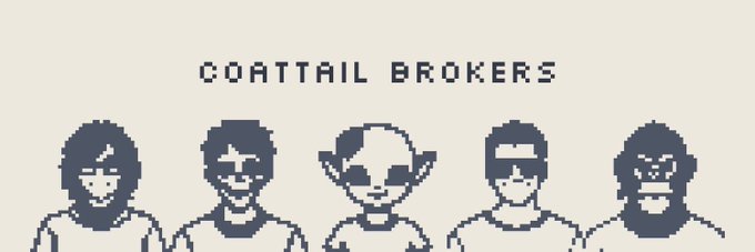 A pixel-art image displays "COATTAIL BROKERS" in dark text above five stylized character silhouettes with different hairstyles and facial features. The artwork relates to the giveaway promotion, visually promoting the "Coattail Brokers" NFT collection from @Brokersart that is being offered as a prize.