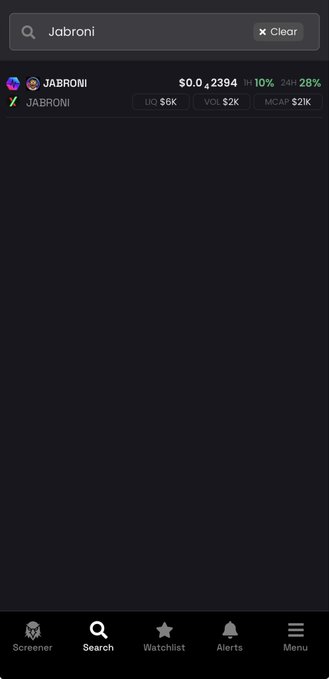 A cryptocurrency app screenshot showing a search for 'Jabroni' with results displaying a market cap of $2K and a 24-hour change of 28%.