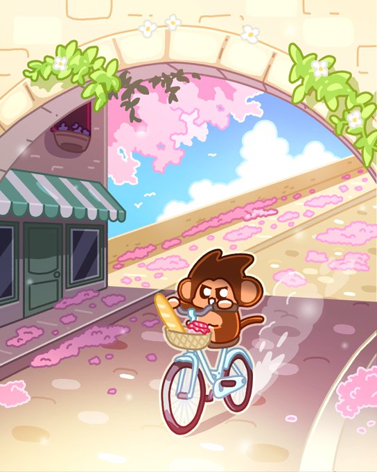 A 2D cartoon illustration of a monkey riding a light blue bicycle with a basket of baguettes through a charming village with stone archways and pink flower petals.