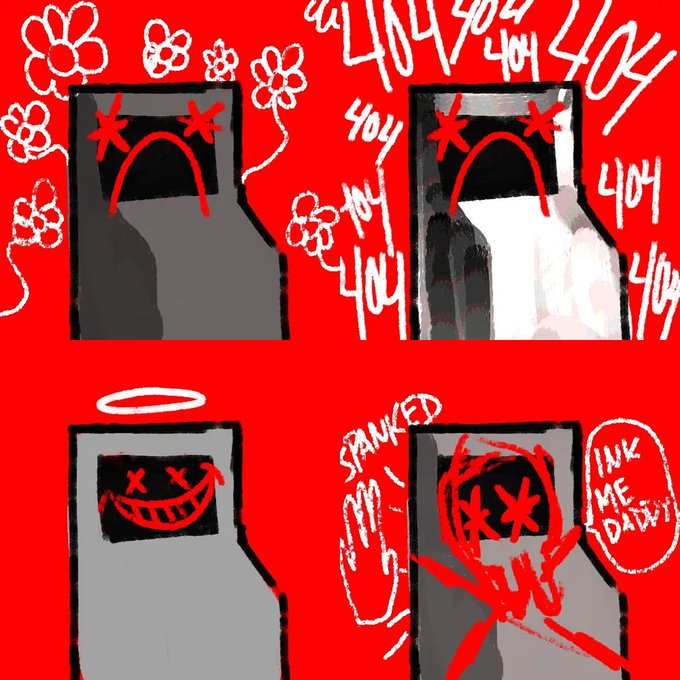 A four-panel digital illustration on a red background featuring sad, devil-like and 'inked' emoticon characters with text including '404', 'SPANKED', and 'INK ME DADDY'.