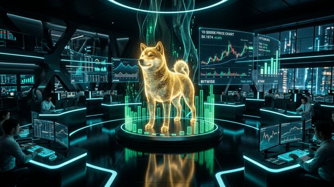 Futuristic trading floor with a glowing golden holographic Shiba Inu dog standing on a circular platform, surrounded by traders and screens displaying stock charts and data.