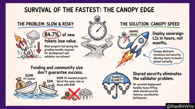 An infographic titled 'SURVIVAL OF THE FASTEST: THE CANOPY EDGE' explaining problems with slow token launches (84.7% lose value) and pitching Canopy's solution of AI-assisted deployment and shared security, credited to @RaeBitWhiz.