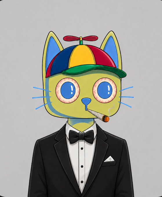 An illustrated character with a yellow cat-like face, wide eyes, a colorful propeller cap, and a cigarette in its mouth, dressed formally in a black tuxedo with a bow tie.